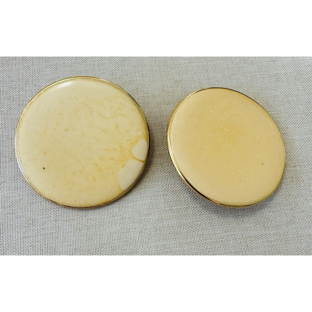 Vintage Cream Enamel Disc Clip On Earrings Gold Tone Large Retro Statement